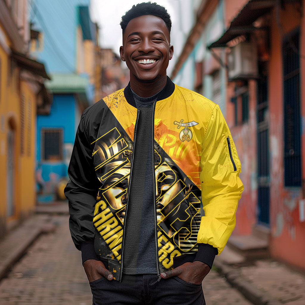 Nobles Shriners Pharaoh Sleeve Zip Bomber Jacket Egyptian Pharaoh King Tut Art With Gold Scimitar Emblem
