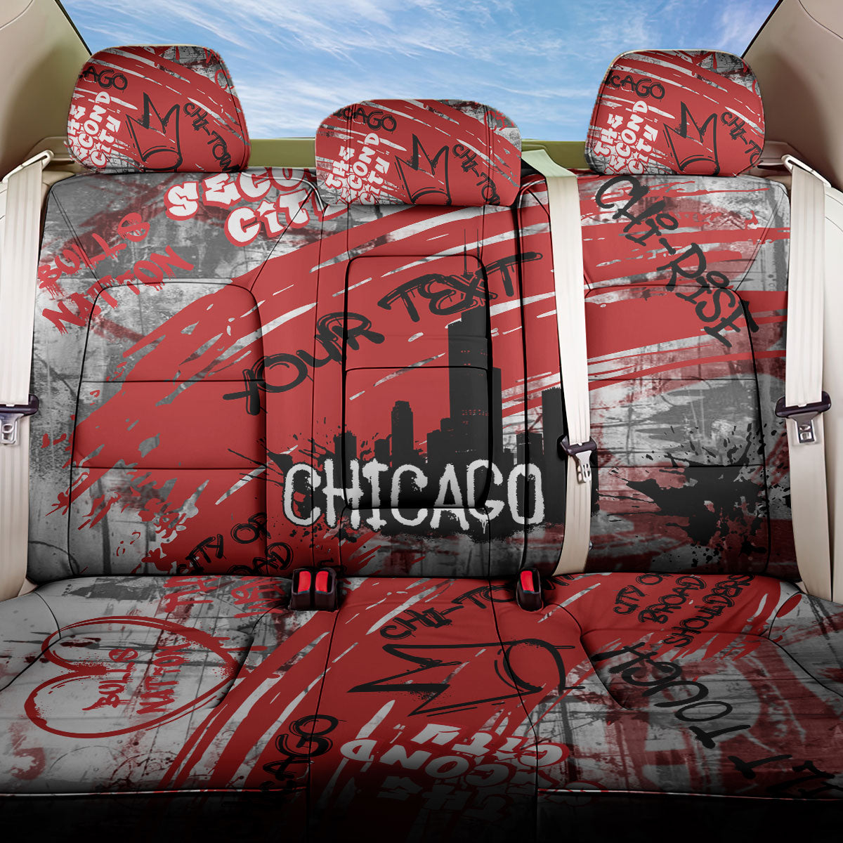 Personalized Chicago City Skyline Back Car Seat Cover Urban Graffiti Street Art - Second City Windy City