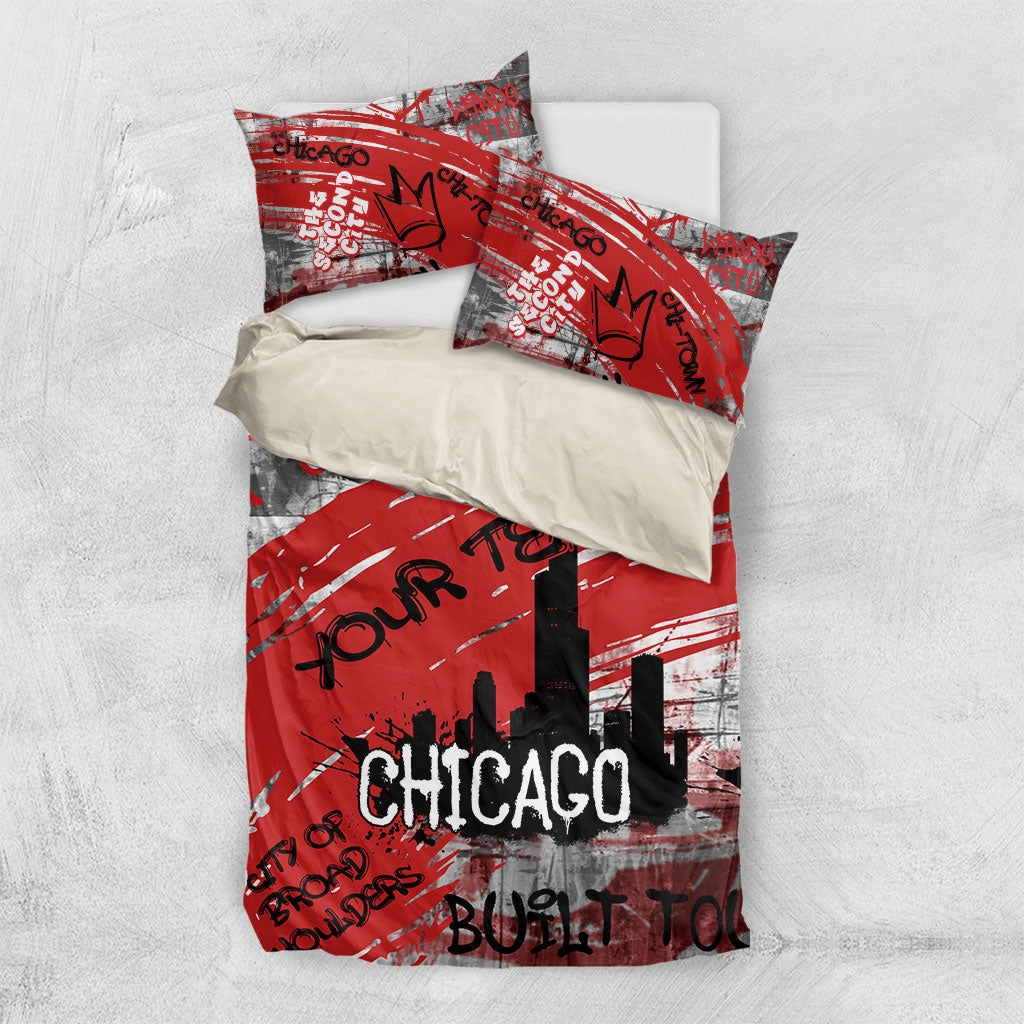 Personalized Chicago City Skyline Bedding Set Urban Graffiti Street Art - Second City Windy City