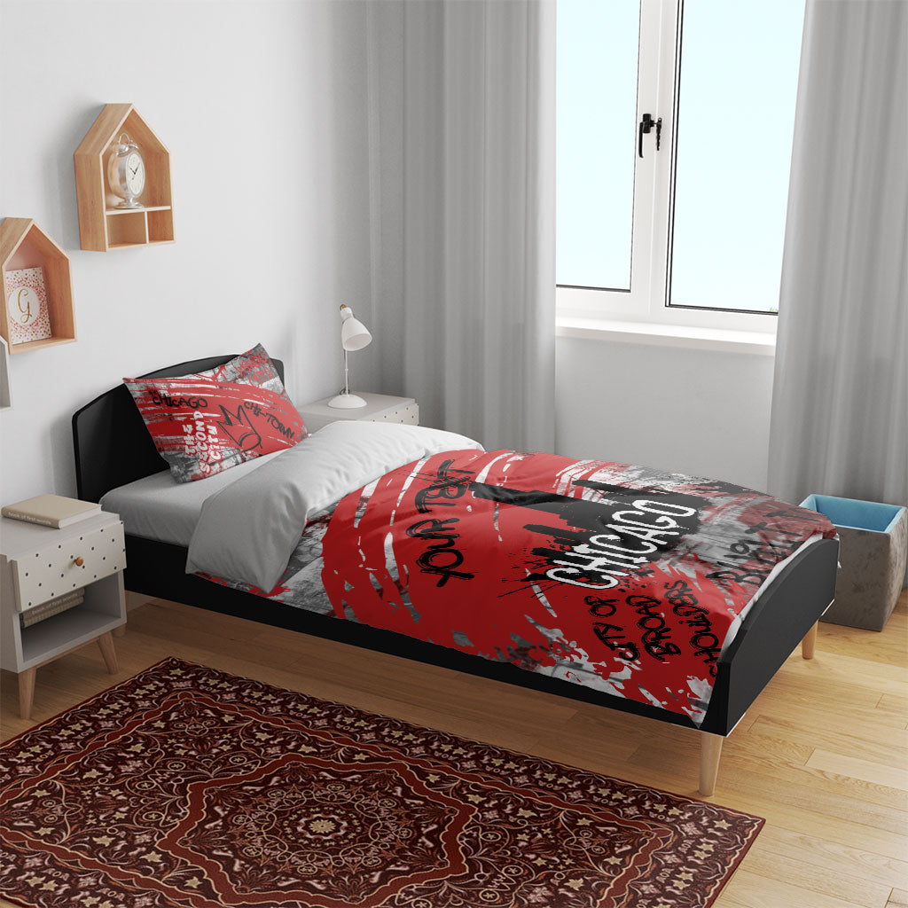Personalized Chicago City Skyline Bedding Set Urban Graffiti Street Art - Second City Windy City