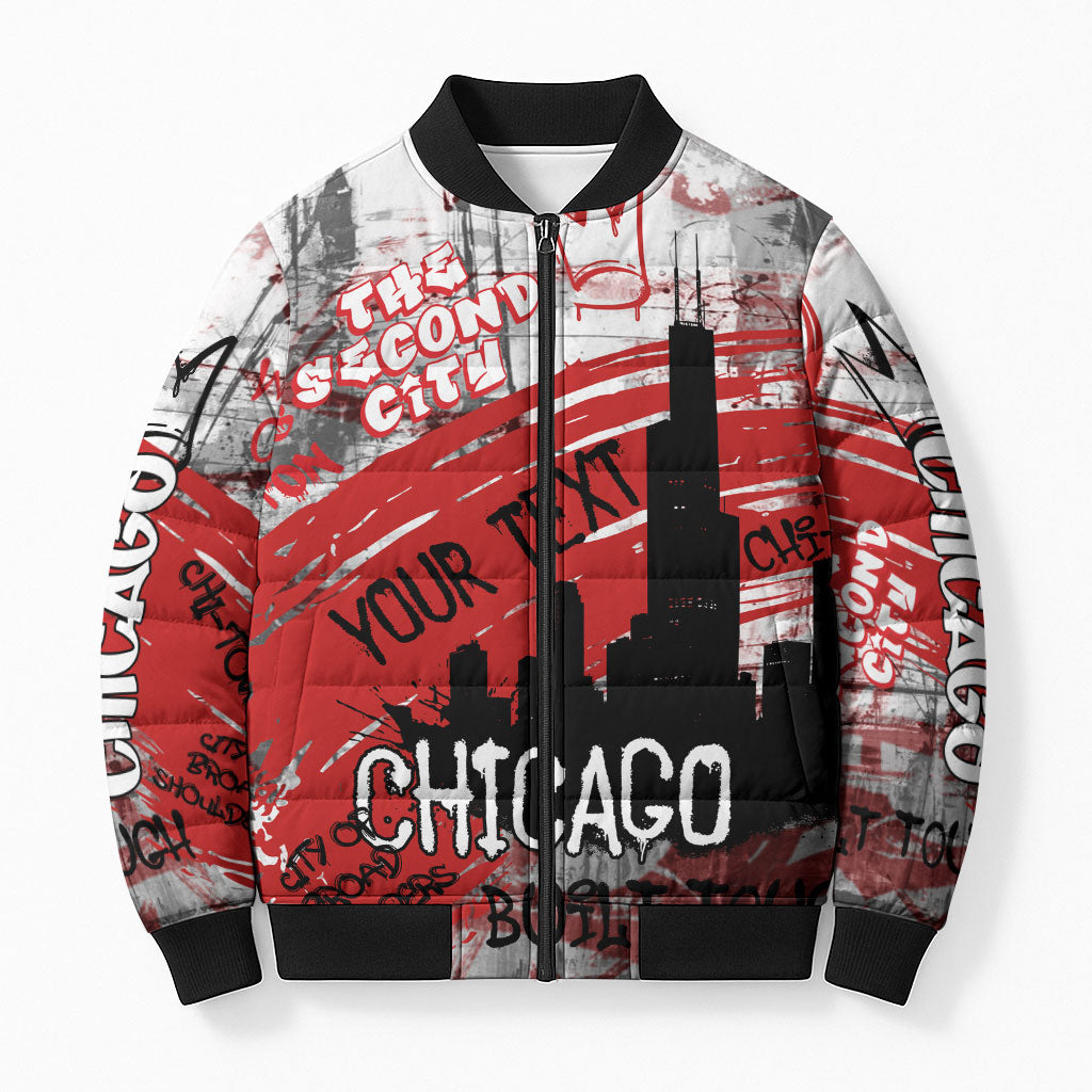 Personalized Chicago City Skyline Bomber Puffer Jacket Urban Graffiti Street Art - Second City Windy City