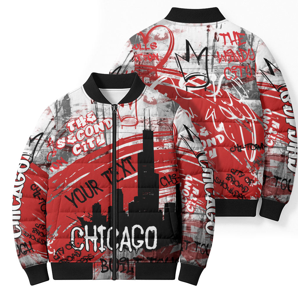 Personalized Chicago City Skyline Bomber Puffer Jacket Urban Graffiti Street Art - Second City Windy City