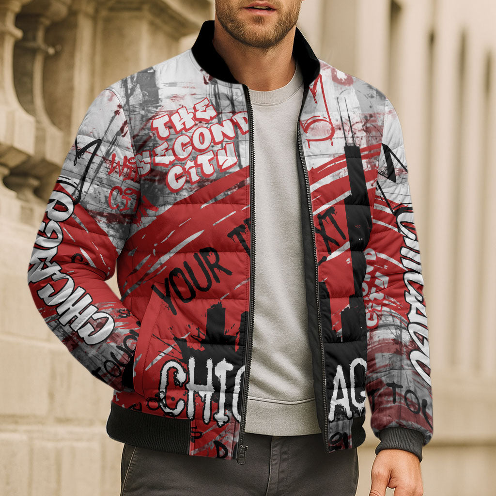 Personalized Chicago City Skyline Bomber Puffer Jacket Urban Graffiti Street Art - Second City Windy City