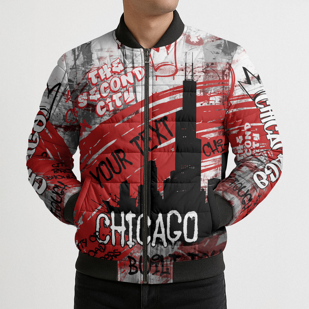 Personalized Chicago City Skyline Bomber Puffer Jacket Urban Graffiti Street Art - Second City Windy City