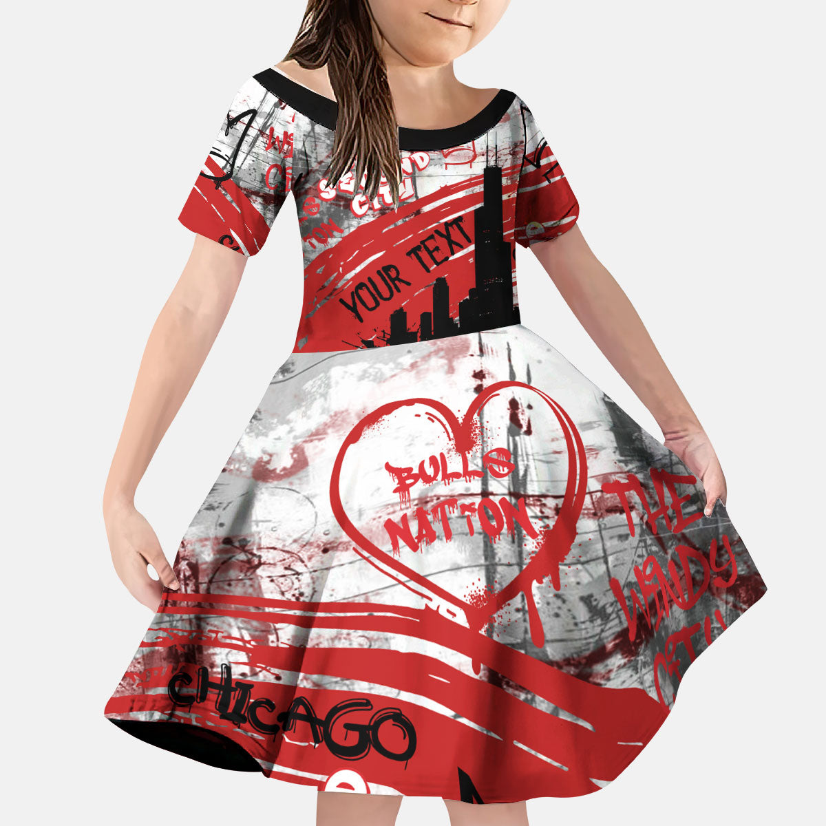 Personalized Chicago City Skyline Kid Short Sleeve Dress Urban Graffiti Street Art - Second City Windy City