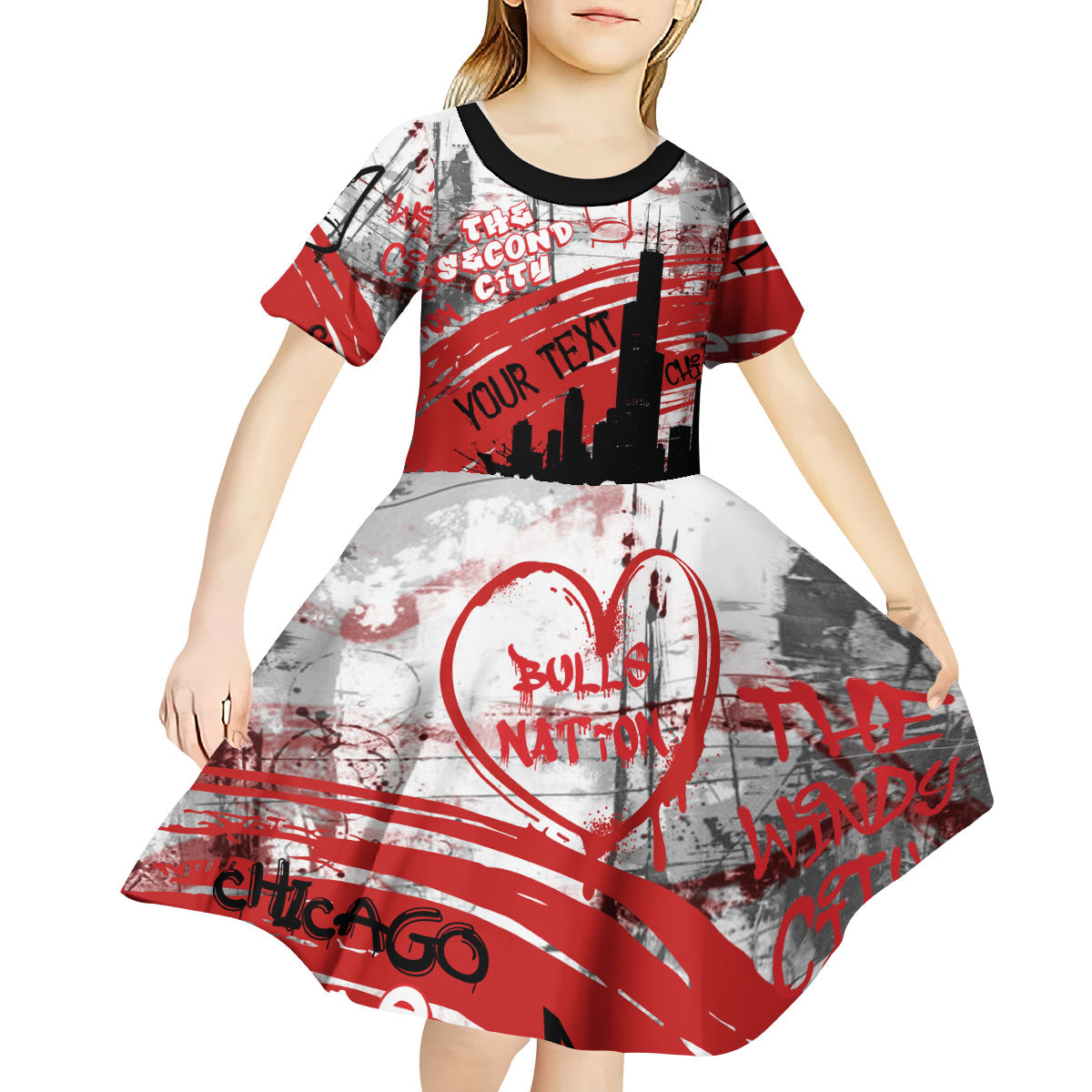 Personalized Chicago City Skyline Kid Short Sleeve Dress Urban Graffiti Street Art - Second City Windy City