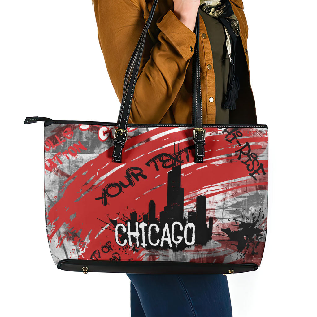 Personalized Chicago City Skyline Leather Tote Bag Urban Graffiti Street Art - Second City Windy City