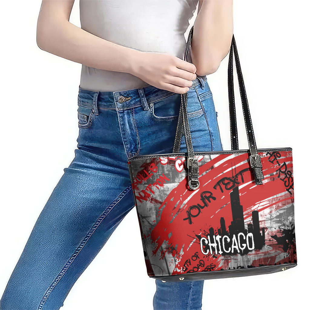 Personalized Chicago City Skyline Leather Tote Bag Urban Graffiti Street Art - Second City Windy City