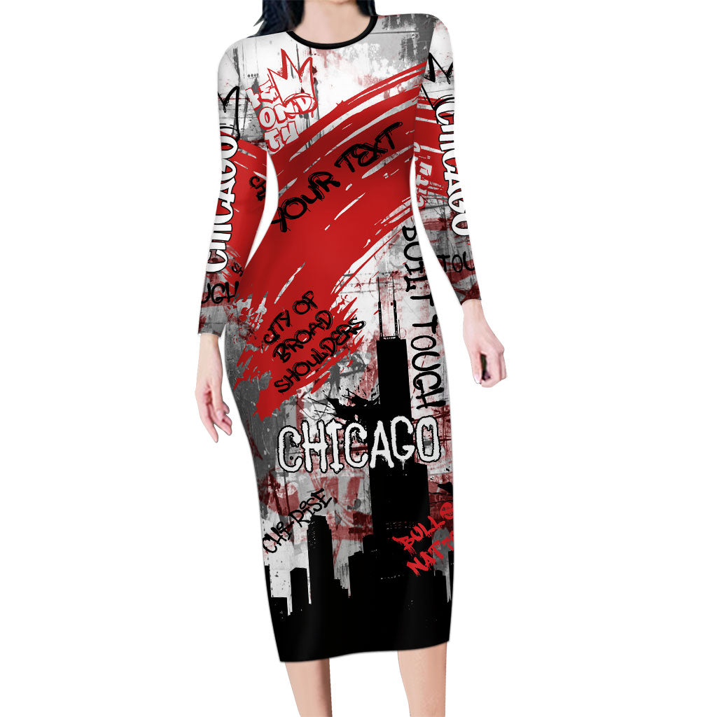 Personalized Chicago City Skyline Long Sleeve Bodycon Dress Urban Graffiti Street Art - Second City Windy City