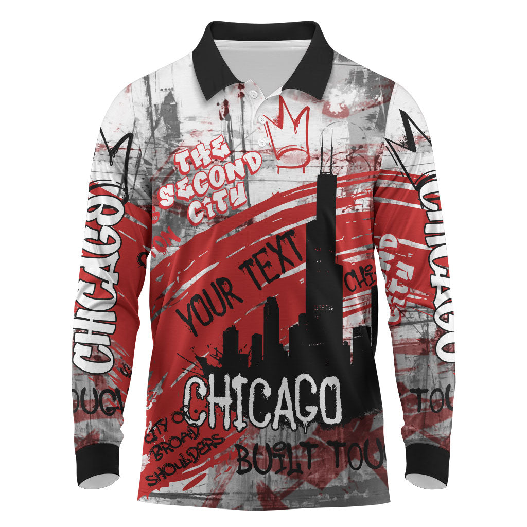 Personalized Chicago City Skyline Long Sleeve Polo Shirt Urban Graffiti Street Art - Second City Windy City