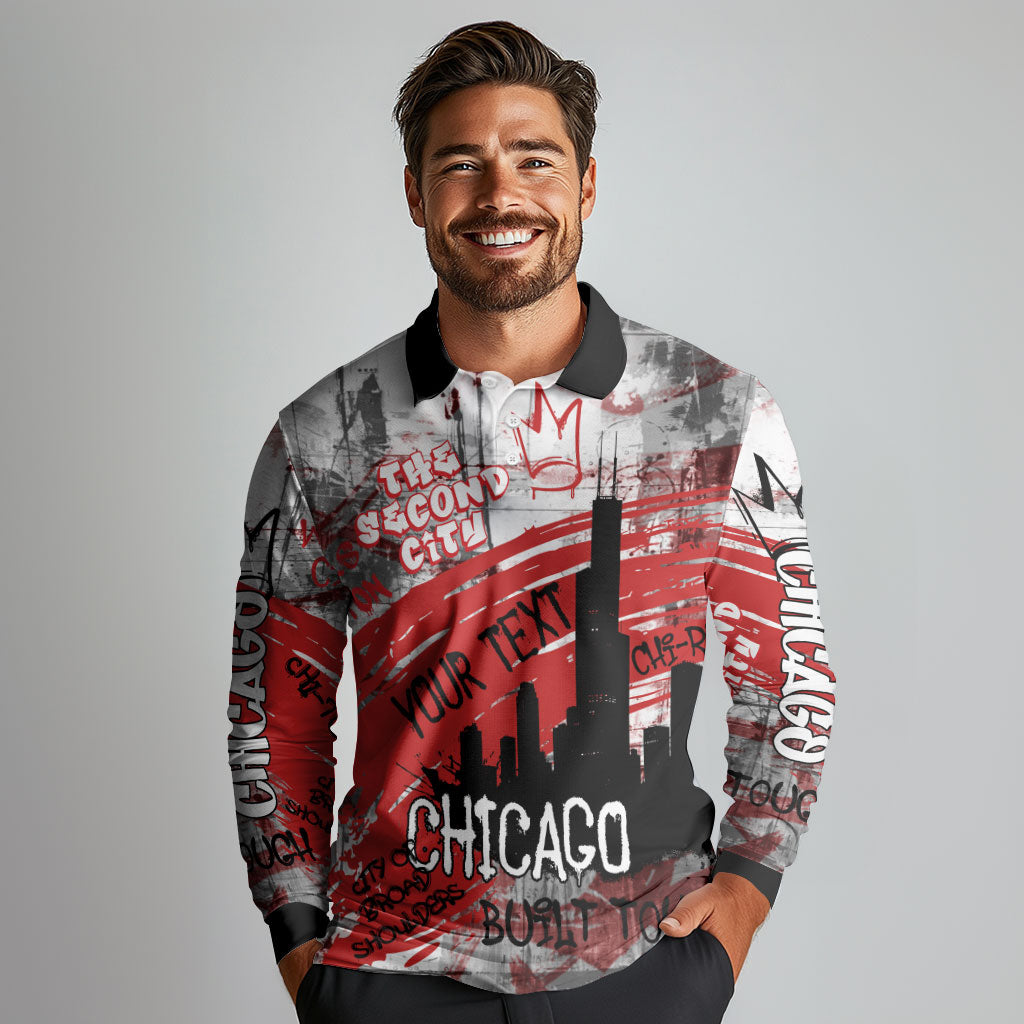 Personalized Chicago City Skyline Long Sleeve Polo Shirt Urban Graffiti Street Art - Second City Windy City