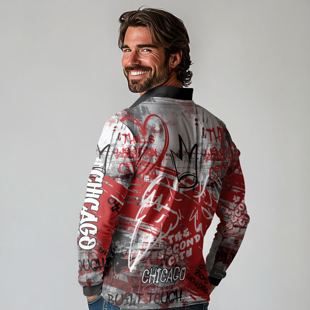 Personalized Chicago City Skyline Long Sleeve Polo Shirt Urban Graffiti Street Art - Second City Windy City
