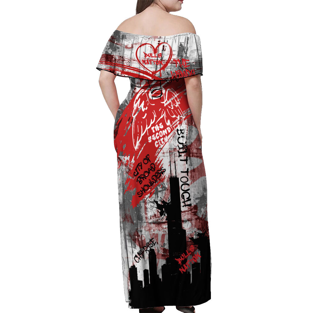 Personalized Chicago City Skyline Off Shoulder Maxi Dress Urban Graffiti Street Art - Second City Windy City