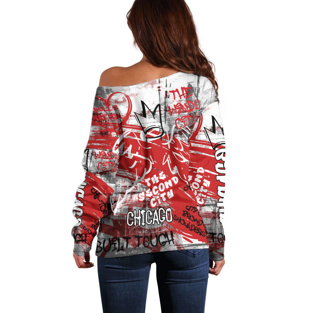 Personalized Chicago City Skyline Off Shoulder Sweater Urban Graffiti Street Art - Second City Windy City