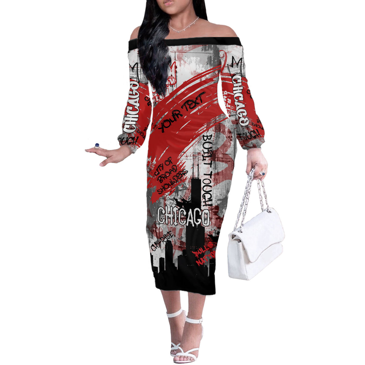 Personalized Chicago City Skyline Off The Shoulder Long Sleeve Dress Urban Graffiti Street Art - Second City Windy City