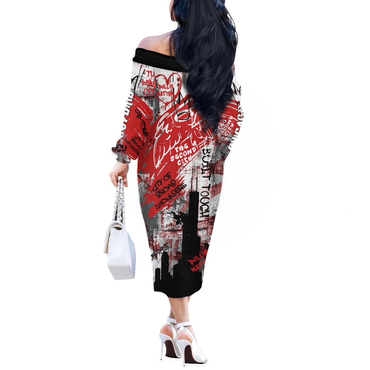 Personalized Chicago City Skyline Off The Shoulder Long Sleeve Dress Urban Graffiti Street Art - Second City Windy City