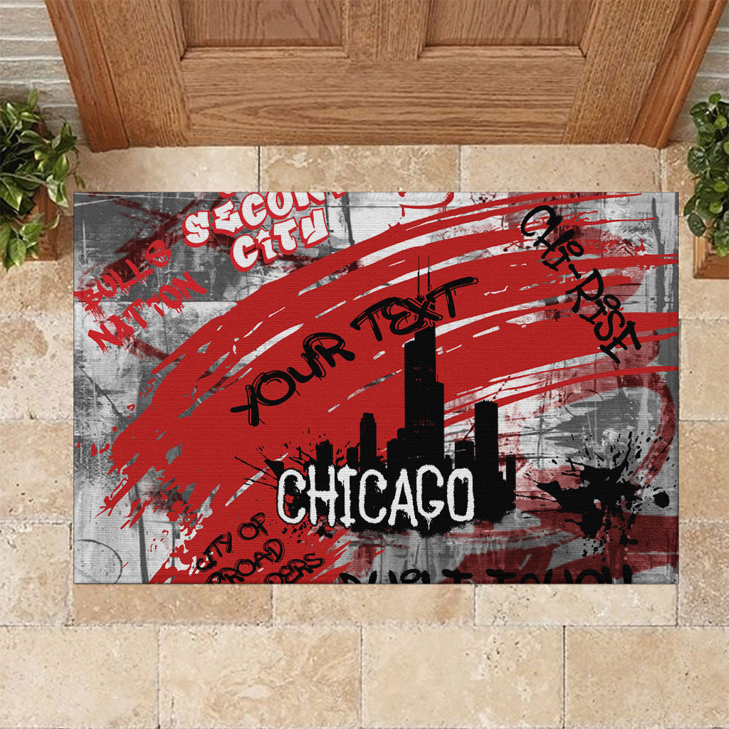 Personalized Chicago City Skyline Rubber Doormat Urban Graffiti Street Art - Second City Windy City