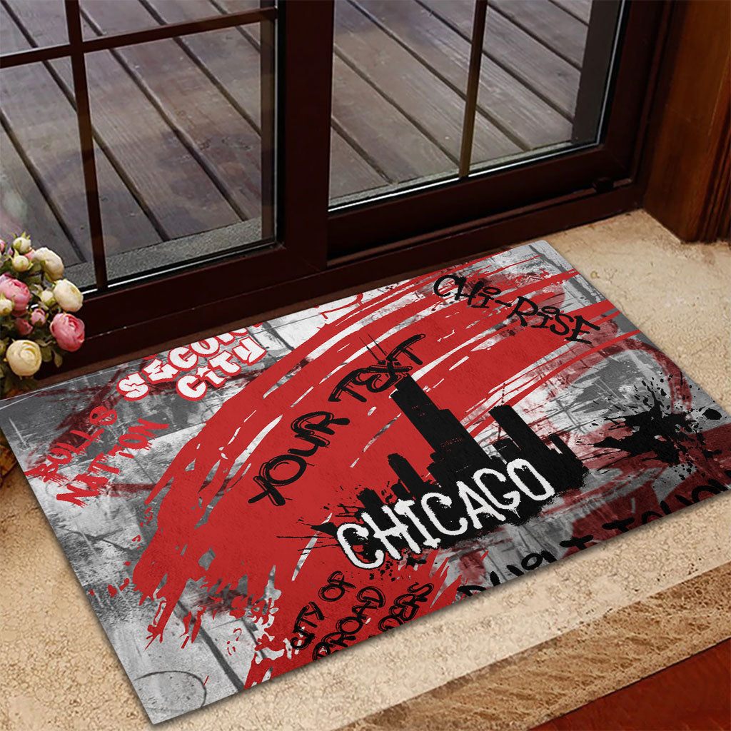 Personalized Chicago City Skyline Rubber Doormat Urban Graffiti Street Art - Second City Windy City