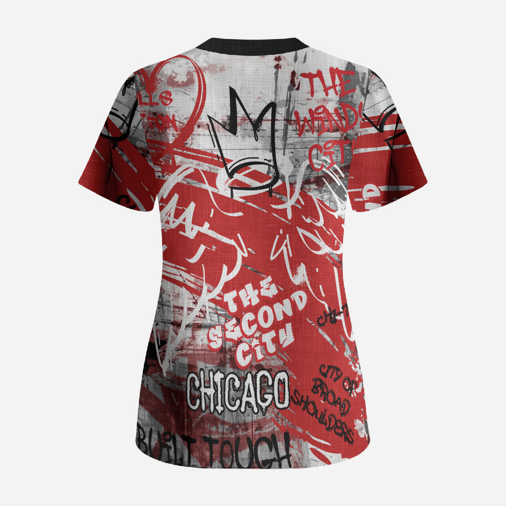 Personalized Chicago City Skyline Scrub Top Urban Graffiti Street Art - Second City Windy City