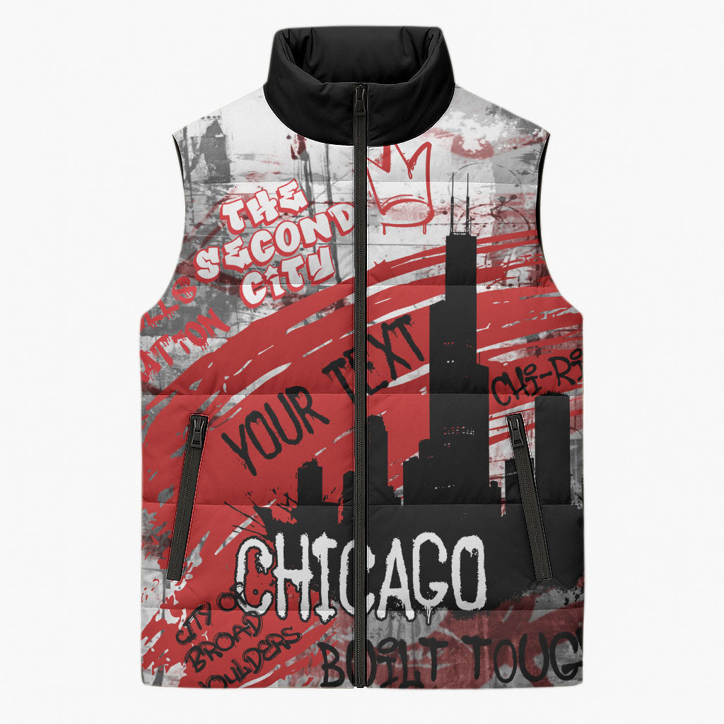 Personalized Chicago City Skyline Sleeveless Puffer Jacket Urban Graffiti Street Art - Second City Windy City