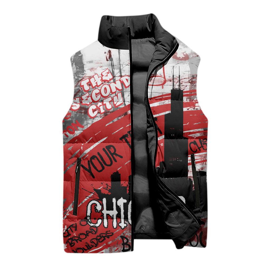 Personalized Chicago City Skyline Sleeveless Puffer Jacket Urban Graffiti Street Art - Second City Windy City