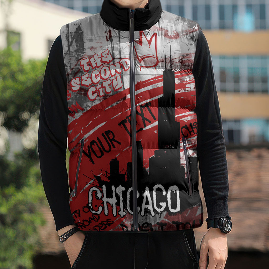 Personalized Chicago City Skyline Sleeveless Puffer Jacket Urban Graffiti Street Art - Second City Windy City
