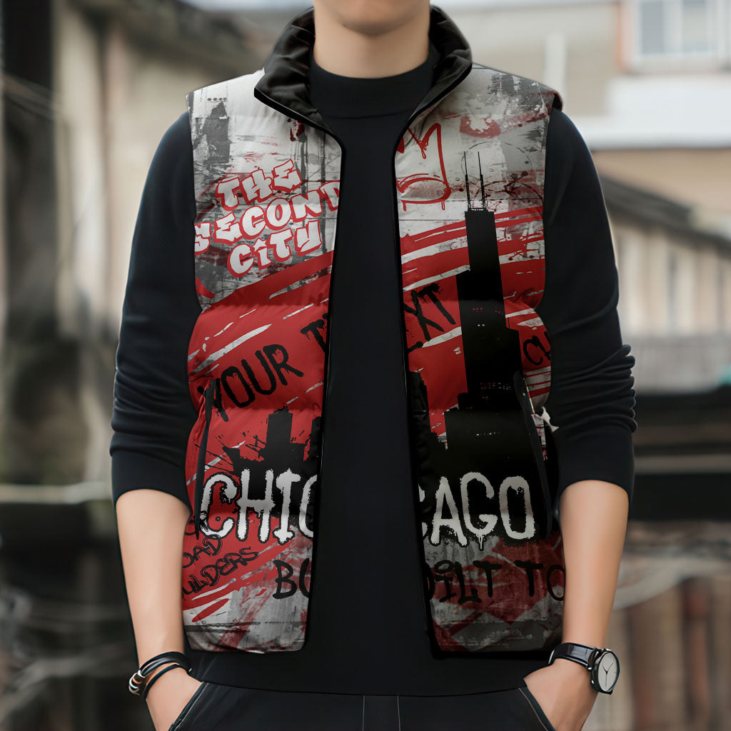 Personalized Chicago City Skyline Sleeveless Puffer Jacket Urban Graffiti Street Art - Second City Windy City