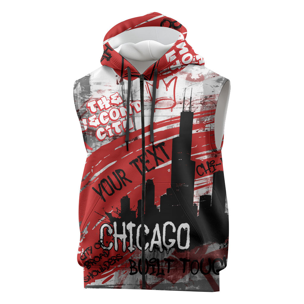 Personalized Chicago City Skyline Sleeveless Zip Hoodie Urban Graffiti Street Art - Second City Windy City