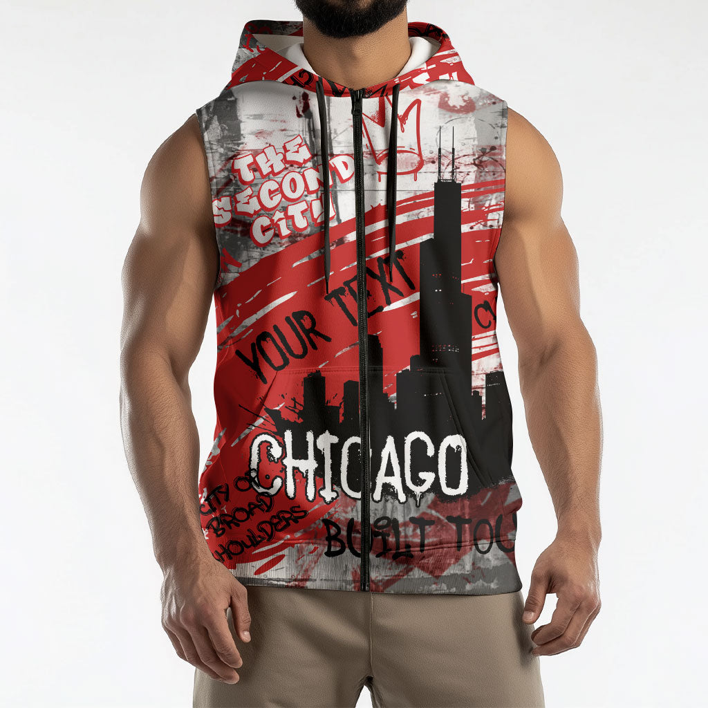 Personalized Chicago City Skyline Sleeveless Zip Hoodie Urban Graffiti Street Art - Second City Windy City