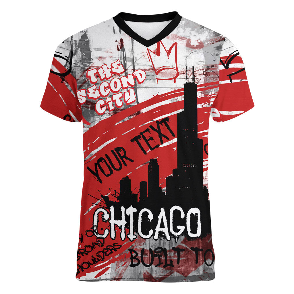 Personalized Chicago City Skyline Women V-Neck T-Shirt Urban Graffiti Street Art - Second City Windy City