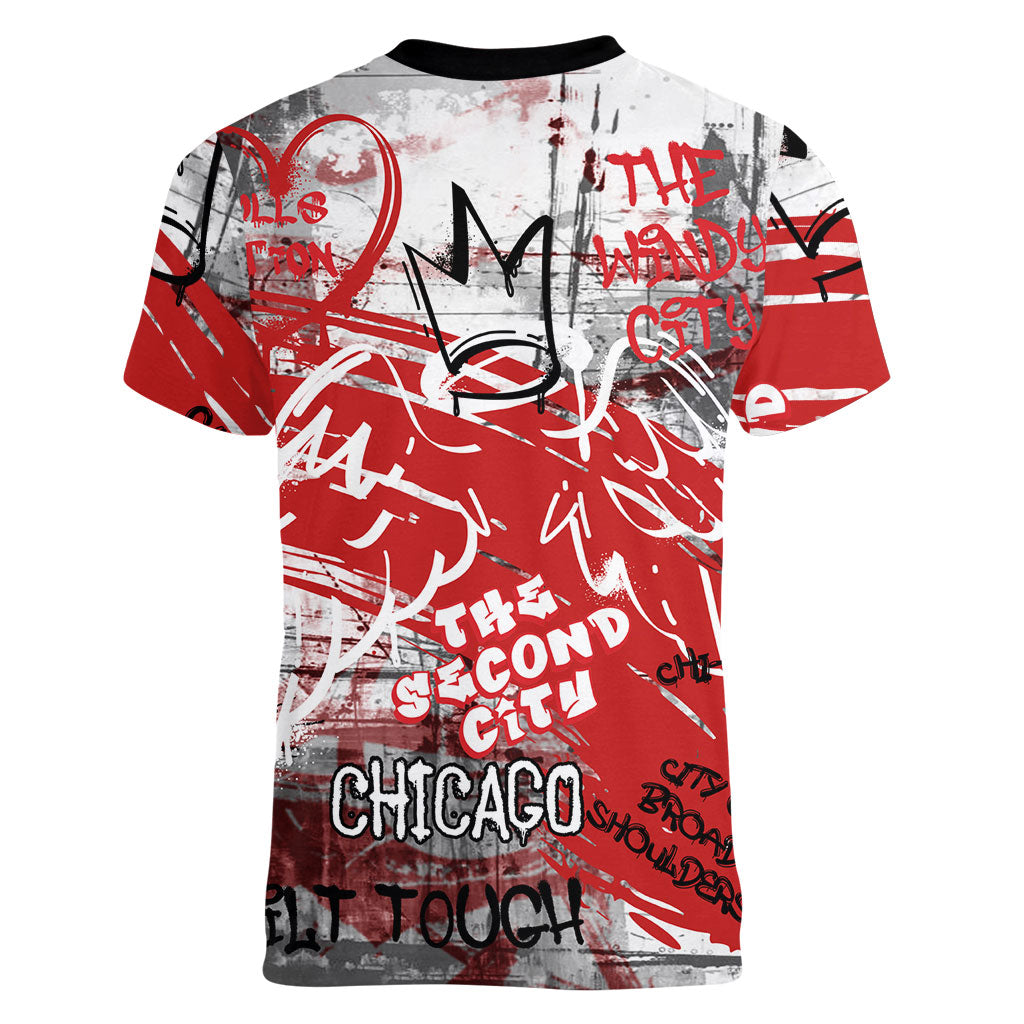 Personalized Chicago City Skyline Women V-Neck T-Shirt Urban Graffiti Street Art - Second City Windy City