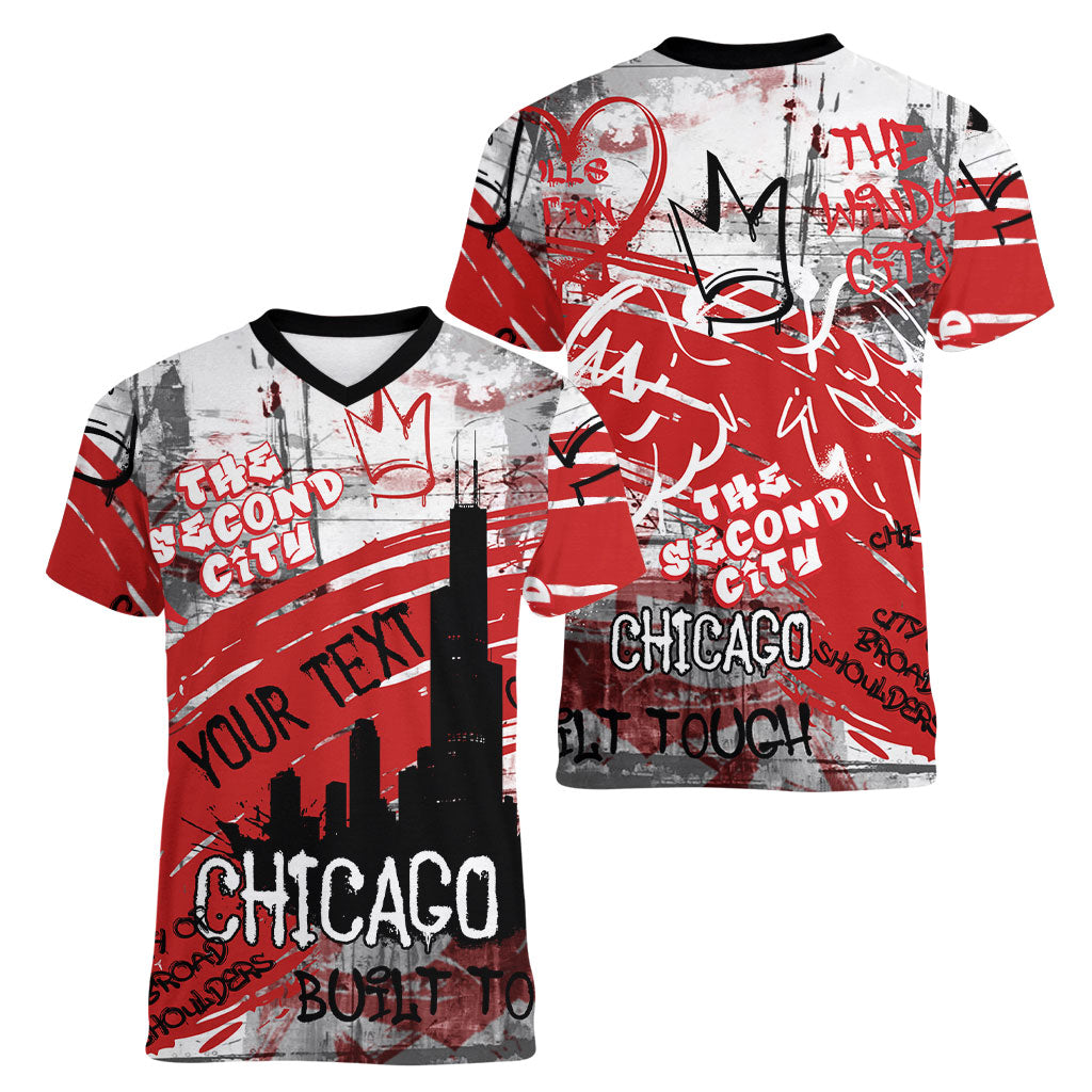 Personalized Chicago City Skyline Women V-Neck T-Shirt Urban Graffiti Street Art - Second City Windy City