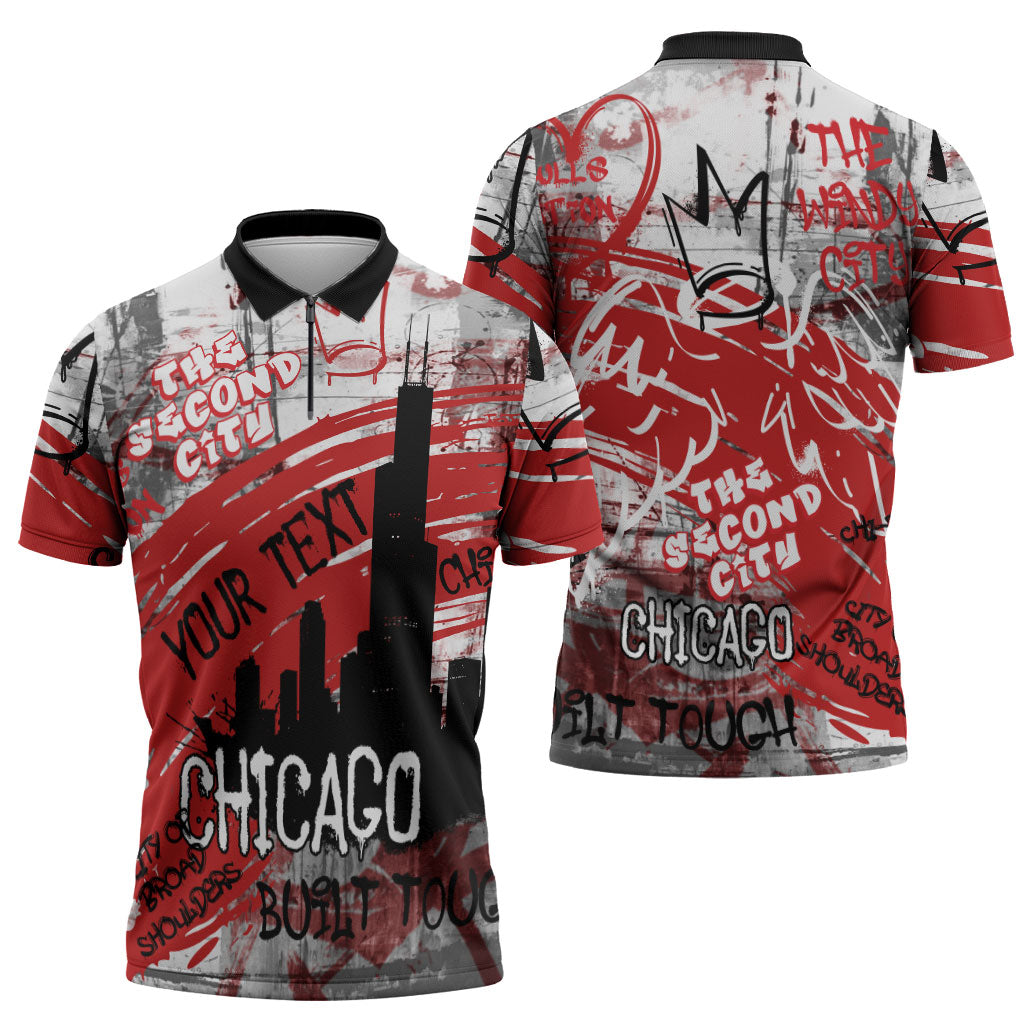 Personalized Chicago City Skyline Zipper Polo Shirt Urban Graffiti Street Art - Second City Windy City