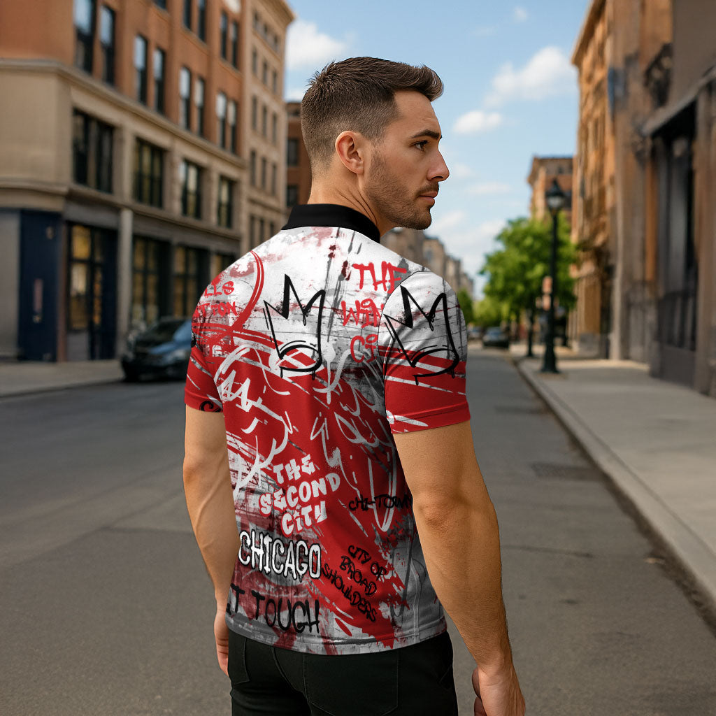 Personalized Chicago City Skyline Zipper Polo Shirt Urban Graffiti Street Art - Second City Windy City