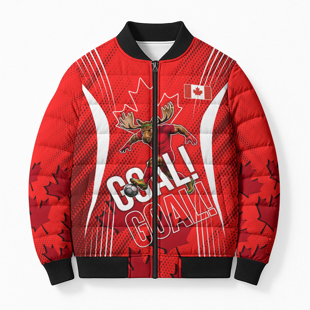 Personalized Canada Soccer Moose Goal Bomber Puffer Jacket Red Maple Leaf Football Mascot