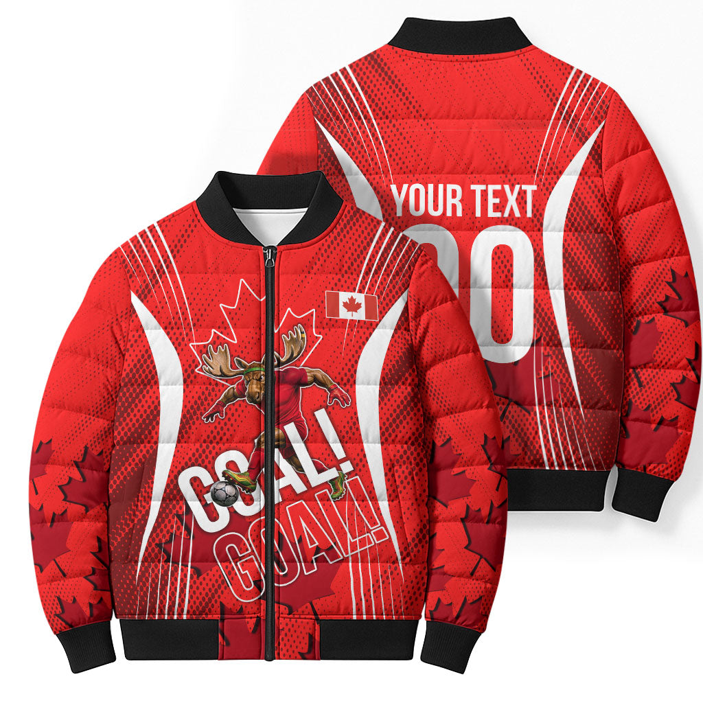 Personalized Canada Soccer Moose Goal Bomber Puffer Jacket Red Maple Leaf Football Mascot