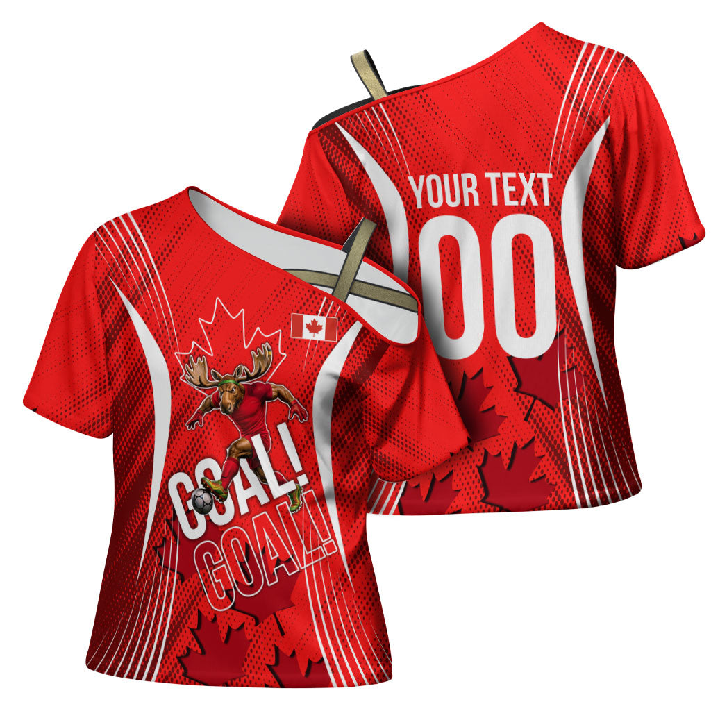 Personalized Canada Soccer Moose Goal Cross Shoulder Shirt Red Maple Leaf Football Mascot