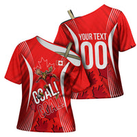 Personalized Canada Soccer Moose Goal Cross Shoulder Shirt Red Maple Leaf Football Mascot