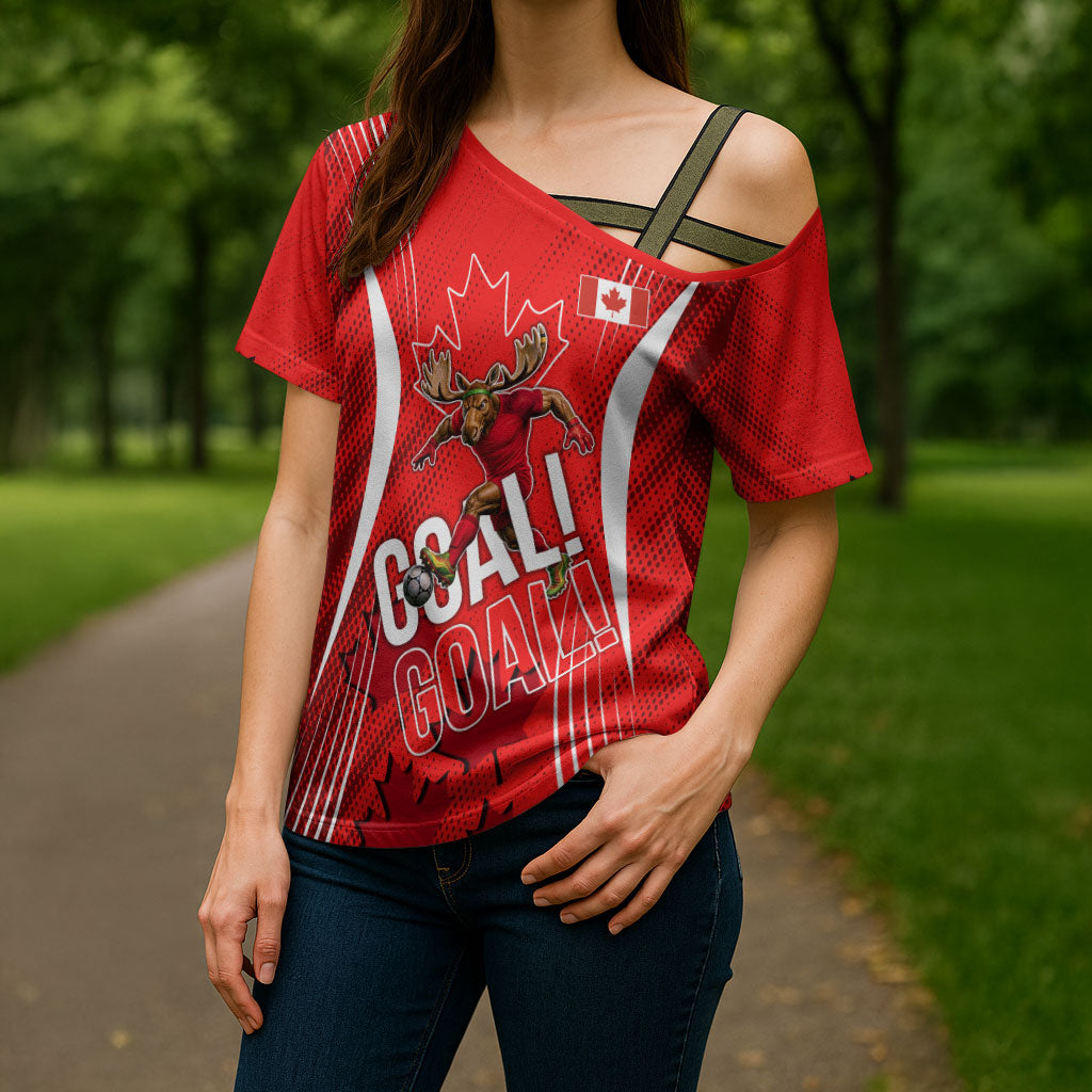 Personalized Canada Soccer Moose Goal Cross Shoulder Shirt Red Maple Leaf Football Mascot