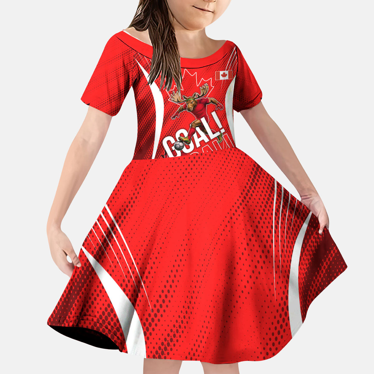 Personalized Canada Soccer Moose Goal Kid Short Sleeve Dress Red Maple Leaf Football Mascot