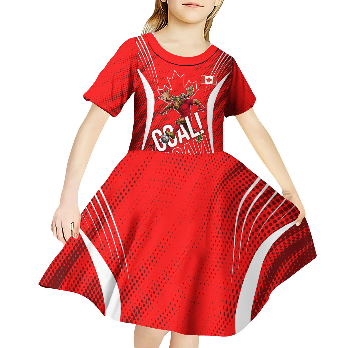 Personalized Canada Soccer Moose Goal Kid Short Sleeve Dress Red Maple Leaf Football Mascot