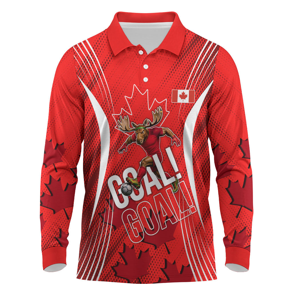 Personalized Canada Soccer Moose Goal Long Sleeve Polo Shirt Red Maple Leaf Football Mascot