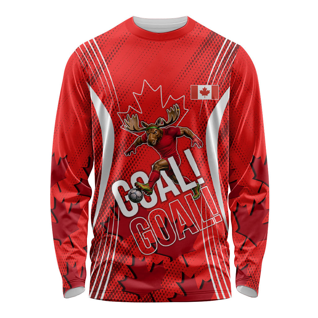 Personalized Canada Soccer Moose Goal Long Sleeve Shirt Red Maple Leaf Football Mascot