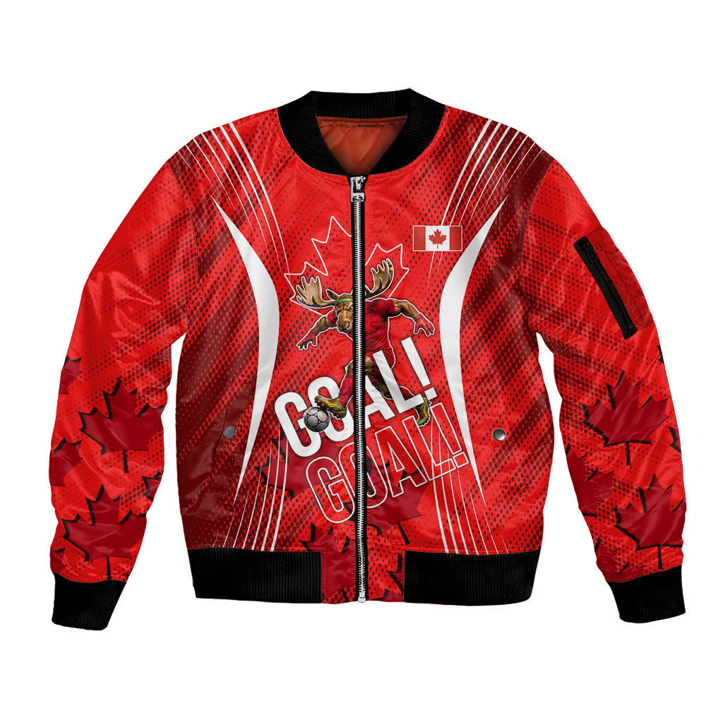 Personalized Canada Soccer Moose Goal Sleeve Zip Bomber Jacket Red Maple Leaf Football Mascot