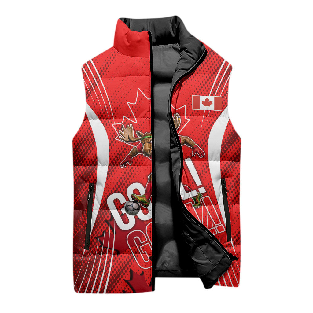 Personalized Canada Soccer Moose Goal Sleeveless Puffer Jacket Red Maple Leaf Football Mascot