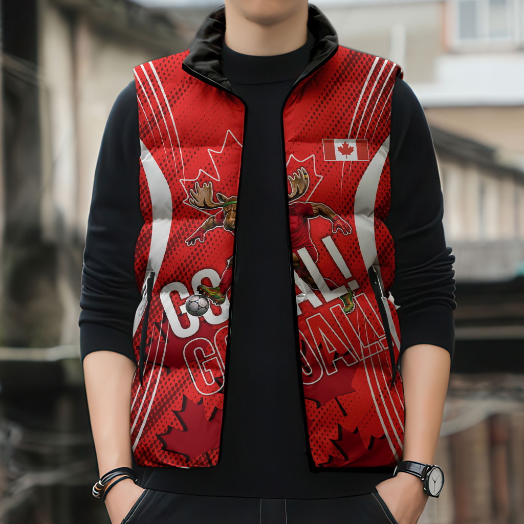 Personalized Canada Soccer Moose Goal Sleeveless Puffer Jacket Red Maple Leaf Football Mascot