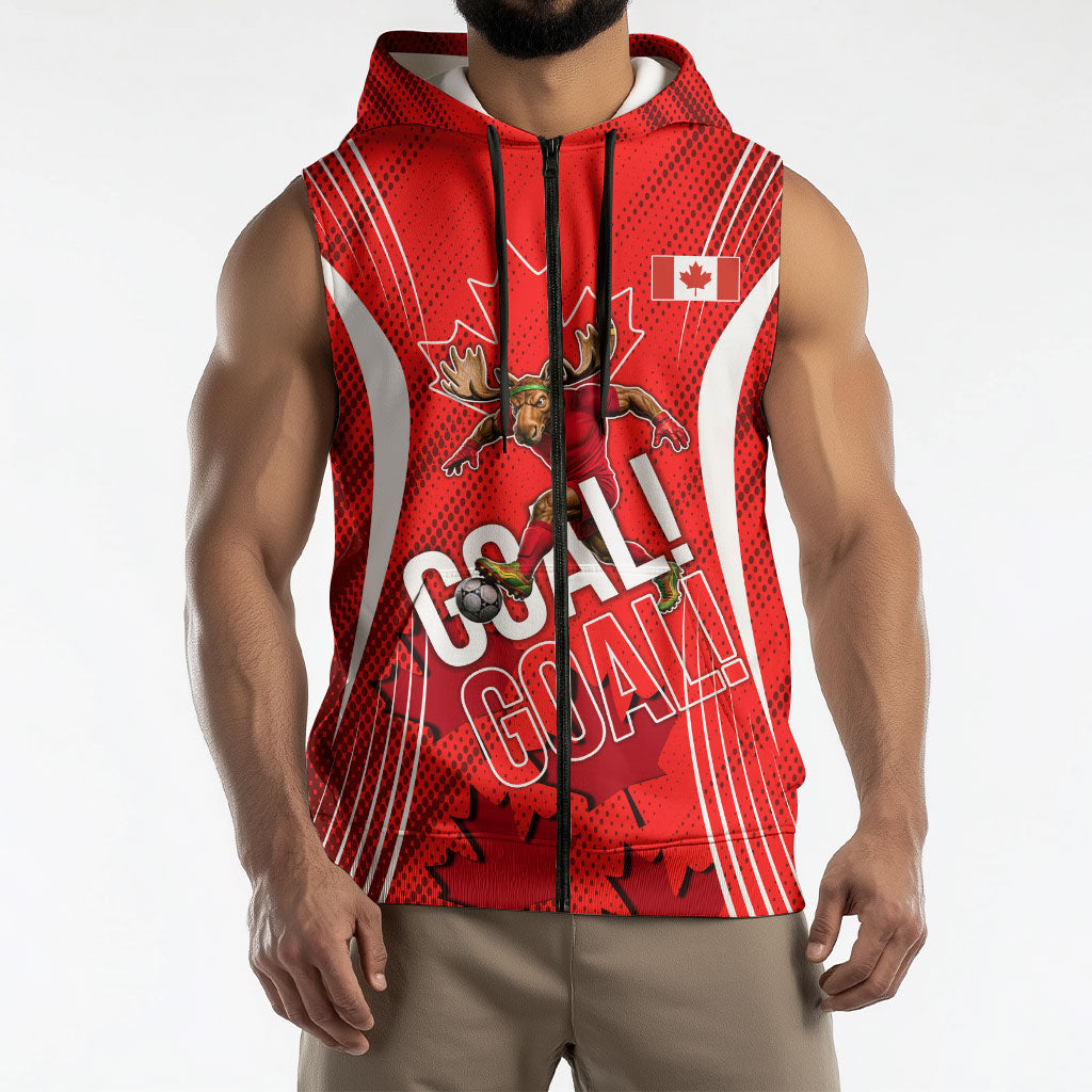Personalized Canada Soccer Moose Goal Sleeveless Zip Hoodie Red Maple Leaf Football Mascot