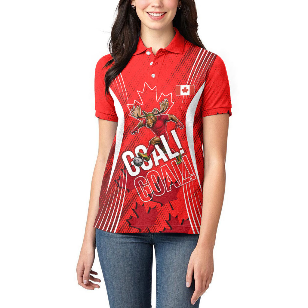 Personalized Canada Soccer Moose Goal Women Polo Shirt Red Maple Leaf Football Mascot