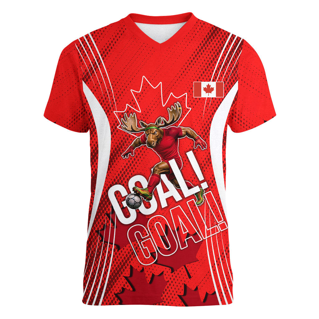 Personalized Canada Soccer Moose Goal Women V-Neck T-Shirt Red Maple Leaf Football Mascot