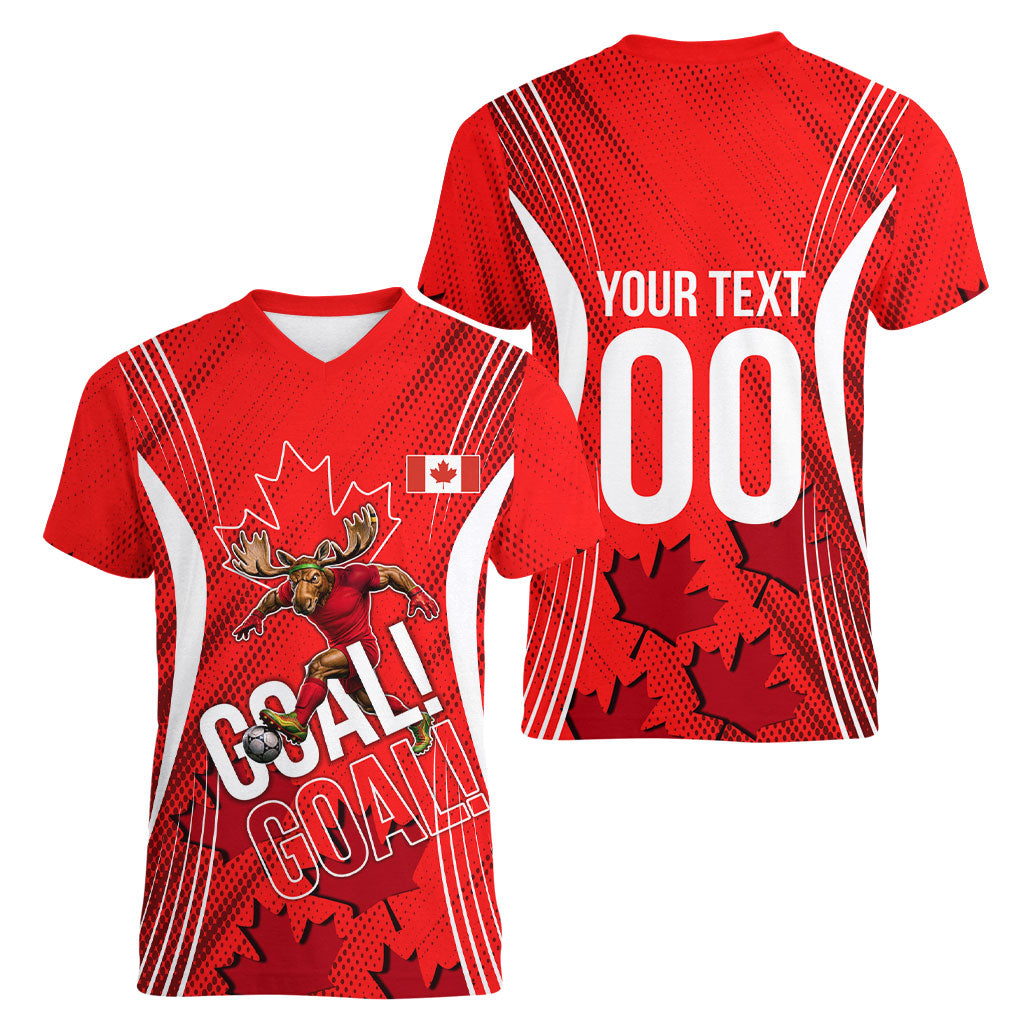 Personalized Canada Soccer Moose Goal Women V-Neck T-Shirt Red Maple Leaf Football Mascot